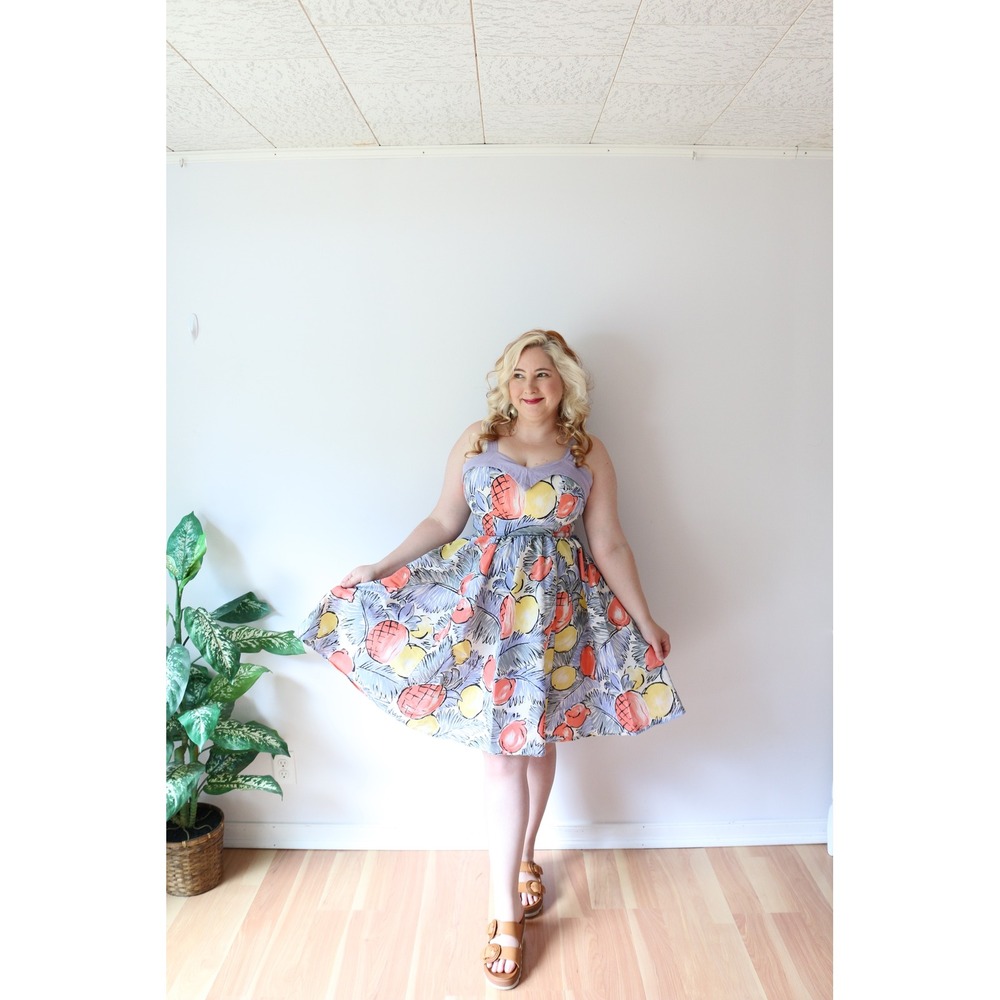 Vintage Tropical Fruit Dress Lavender Pineapple Print Rockabilly Fit Flare - Picture 3 of 8